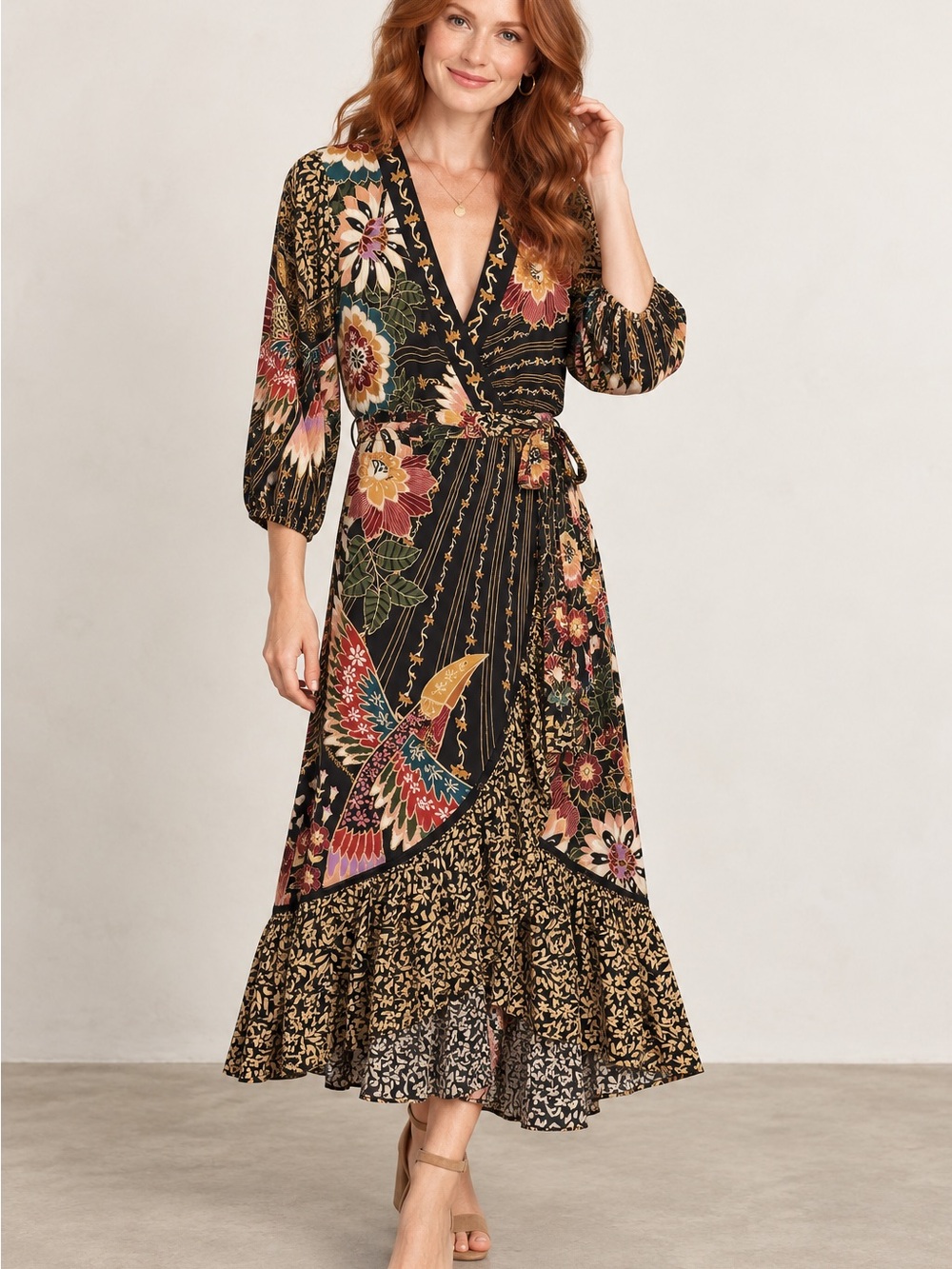 FARM Rio Black Floral & Bird Wrap Maxi Dress with Multicolor Prints